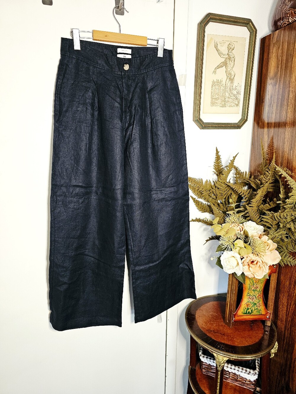 New 100% Linen Wide Leg Trousers Pants Halston Black High Waisted Pleat Front